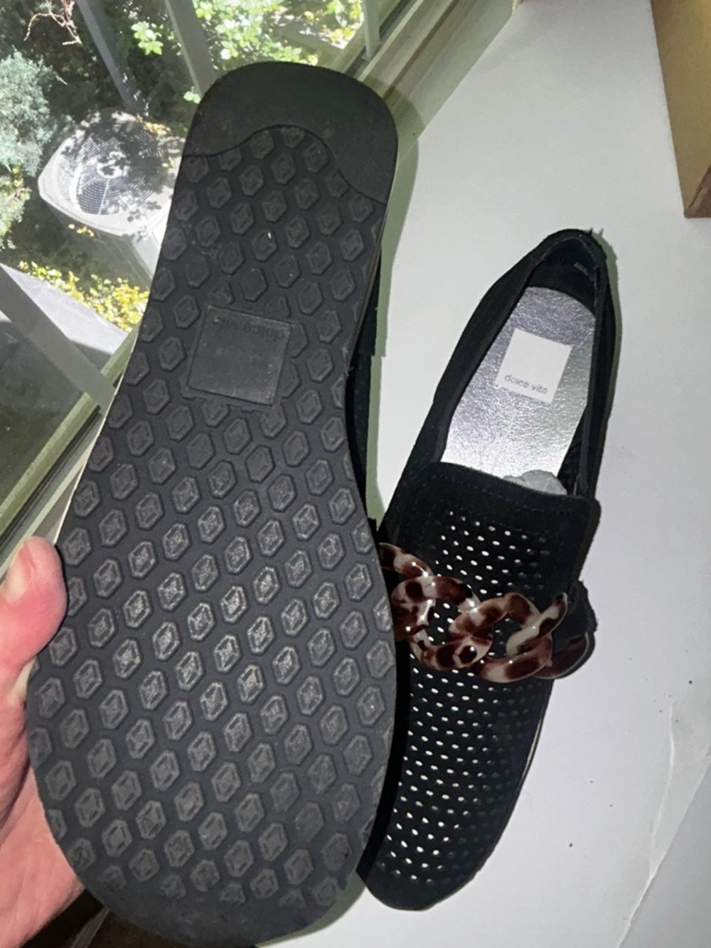 Dolce Vita Black Perforated Slip-On Loafers with Tortoiseshell Chain Accent - Picture 4 of 6